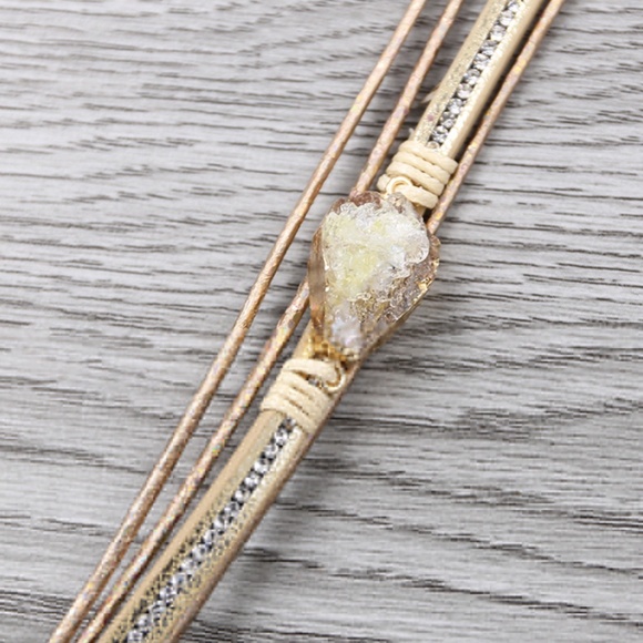 Beige Druzy Crystal Feather Leather Wrap Bracelet - Picture 3 of 6